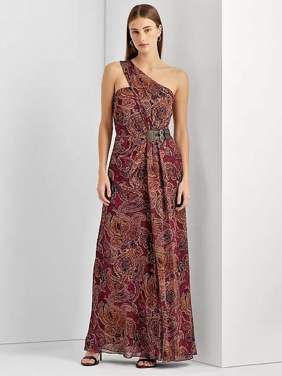Lauren Ralph Lauren Paisley Chiffon One Shoulder Maxi Dress Gown Size 12 Nwt